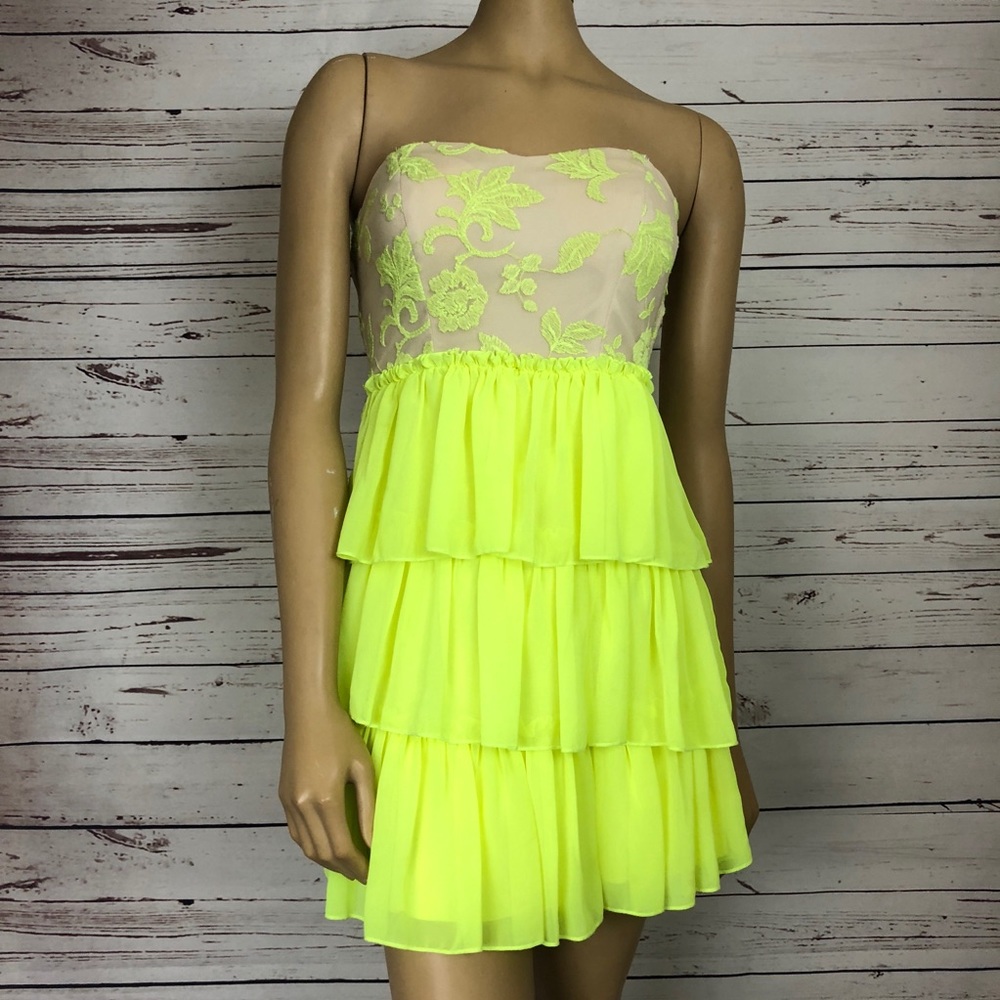 City Studio Dress Neon Yellow Tiered Ruffle Lace